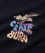 Remera negra de algodón, corte comfort, manga corta y cuello redondo. Presenta un estampado grande en la espalda del personaje Coiote de Looney Tunes con el texto "Destined to Crash and Burn" en colores vibrantes.