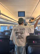 Remera marrón de corte holgado con estampado en la espalda que incluye texto y paisaje.