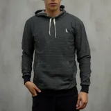 Canguro de algodón rústico a rayas horizontales en tonos verde y azul marino, con capucha y bolsillo tipo canguro.