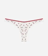 Bombacha de bikini de microfibra color blanco con miniestampado de hongos rojos y ribete en contraste a cuadros rojo y blanco.
