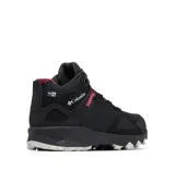 Bota de senderismo Columbia Peakfreak Hera Mid para mujer, de color negro con detalles en bordó. Presenta una construcción de malla transpirable con tecnología OutDry™ impermeable, sistema de ajuste Navic Fit™ y suela Adapt Trax™ para tracción en diversos terrenos.