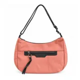 Cartera tipo bandolera color rosa con detalles en negro, cierre superior y bolsillo frontal con cierre y tirador de cuero. Cuenta con correa ajustable.
