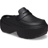 Zuecos Crocs Stomp Loafer, color blanco con suela de plataforma negra. Presentan un diseño tipo mocasín con una tira decorativa negra sobre el empeine y el logo de Crocs.