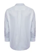 Camisa de manga larga RKF modelo Wf Pb, confeccionada en algodón con diseño de rayas verticales finas en color azul sobre fondo blanco. Presenta cuello americano abotonado, bolsillo frontal con logo bordado y cierre de botones.