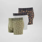 Pack de tres bóxers de hombre con cintura elástica con la inscripción "Ultimate". Un bóxer es gris liso, otro es verde con estampado de aguacates y el tercero es negro con estampado de hamburguesas.