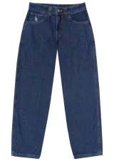 Pantalón de jean azul oscuro, corte holgado, tiro medio y pierna recta.