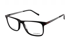 Armazón para anteojos de acetato negro con forma rectangular y detalles en rojo en las patillas.