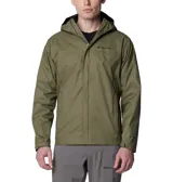 Campera impermeable Columbia modelo Watertight II, color verde oliva. Cuenta con capucha ajustable, cierre frontal con solapa, bolsillos laterales con cierre y puños ajustables. Incorpora tecnología Omni-Tech para mayor protección contra la lluvia y forro de malla transpirable.