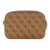 Cartera tipo bandolera Guess con diseño estructurado y estampado de monograma de la marca en tono marrón. Incluye un monedero pequeño desmontable en la correa y herrajes metálicos dorados.