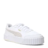 Championes Puma modelo Carina Mia Topcat, de plataforma, color blanco con detalle de animal print en el logo lateral y logo de la marca en dorado.