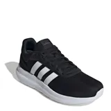 Championes deportivos Adidas modelo Lite Racer 4.0, color negro con tres franjas laterales blancas. Presentan una entresuela blanca con tecnología Cloudfoam visible en el lateral y capellada de malla transpirable.