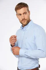 Camisa celeste con estampado a cuadros blancos, de manga larga y corte clásico.