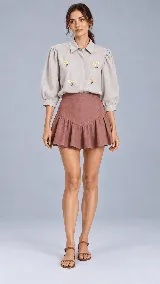 Camisa gris de lino de corte recto, con mangas abullonadas tres cuartos y delicados bordados artesanales de flores dispersas en el frente.