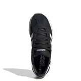 Championes Adidas Run 72S 2.0 de estilo urbano, color negro con las icónicas tres tiras laterales en blanco. Presentan una mediasuela Cloudfoam blanca para mayor amortiguación y una suela de goma color caramelo.