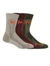 Pack de tres pares de medias técnicas largas para trekking, en colores beige, bordó y verde militar, con refuerzos acolchados y logo de la marca impreso en naranja.