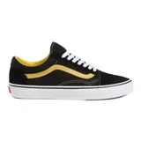 Championes Vans modelo Old Skool de caña baja, con diseño clásico de banda lateral Sidestripe. Confeccionados en una combinación de lona y ante, presentan un cuerpo negro con detalles en amarillo, cordones blancos y suela de goma blanca con la distintiva textura waffle.