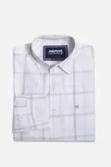 Camisa de hombre Mistral de manga larga, con diseño a cuadros en tonos blanco y gris. Presenta cuello clásico, cierre frontal abotonado y logo de la marca bordado en el pecho.