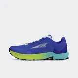 Championes de trail running Altra modelo Timp 5, color azul con detalles en verde y blanco.