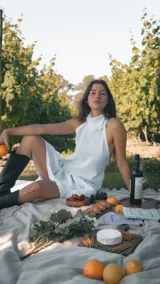 Vestido corto de color blanco con escote halter y espalda descubierta. Presenta un diseño con volado amplio en la parte inferior y caída asimétrica.