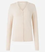 Cardigan de punto fino color gris, con escote en V, cierre frontal con botones y mangas largas. Confeccionado en una mezcla de viscosa y poliamida.