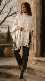 Poncho tejido en lana merino de color crudo, con cuello alto tipo polera y terminación de flecos en el ruedo.