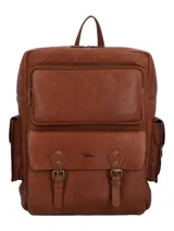 Mochila de cuero natural color marrón, con diseño estructurado. Cuenta con un compartimento superior con cierre, un bolsillo frontal con solapa y hebillas metálicas decorativas, y bolsillos laterales. Presenta un logo grabado en el frente y manija superior.