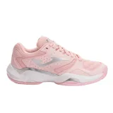 Championes Joma Master 1000 para mujer, color rosado con detalles plateados y suela blanca. Diseñados para tenis y pádel, con capellada de malla y material sintético, y suela de caucho con patrón de espiga.
