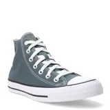 Championes de caña alta Converse modelo Chuck Taylor All Star, confeccionados en lona color verde grisáceo con cordones blancos y puntera de goma blanca.