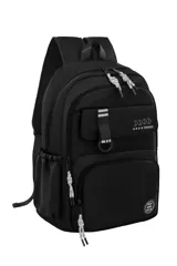 Mochila negra con detalles en blanco y gris. Cuenta con múltiples compartimentos con cierre, tiradores de cierre con cordones blancos y negros, un bolsillo frontal con solapa y un parche redondo con la frase "You Can Do It".
