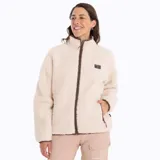 Campera polar color crema con cierre frontal, cuello alto y ribete marrón.
