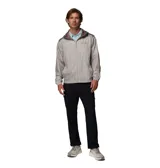 Campera cortaviento Columbia Flashback II Wind para hombre, de color gris claro con capucha y detalles en marrón en la parte superior y laterales. Cuenta con cierre frontal de cremallera y bolsillos laterales.