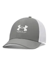 Gorra de golf Under Armour con diseño de paneles frontales grises y paneles traseros de malla blanca. Presenta el logo de la marca y la palabra GOLF en el frente, con visera curva y estructura técnica transpirable.