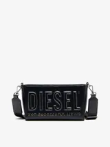 Bolso bandolera rectangular negro de poliuretano con logo Diesel en relieve y correa de cincha desmontable.