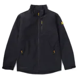 Chaqueta técnica negra de Caterpillar, diseñada con tecnología Storm Blocker+ para protección contra agua y viento. Cuenta con capucha ajustable y extraíble, cierre frontal completo con protector de barbilla, bolsillo en el pecho y bolsillos laterales con cremalleras impermeables, y logo de la marca en el brazo.