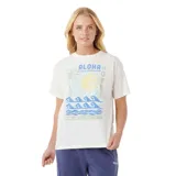 Remera de manga corta color blanco con estampa frontal gráfica de estilo playero que incluye un sol, palmera y olas, con la inscripción Aloha Hotel.