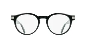 Lentes de receta Ferragamo con armazón redondo de acetato negro y detalles metálicos en las bisagras.
