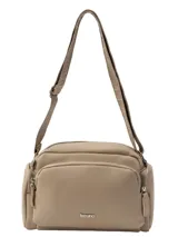 Bandolera de tamaño mediano marca Terrano, confeccionada en cuero sintético con textura granulada. Presenta múltiples compartimentos con cierre frontal y una correa larga ajustable con diseño de marca grabado.