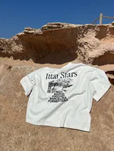 Remera marrón de corte holgado con estampado en la espalda que incluye texto y paisaje.