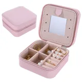 Alhajero pequeño color rosa con espejo y cierre de cremallera. Interior forrado en tela suave con divisiones para organizar joyas.