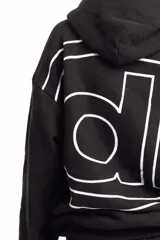 Canguro negro con capucha, de corte holgado y diseño minimalista. Presenta un estampado gráfico lineal en color blanco en la parte posterior que forma la palabra 'all'.