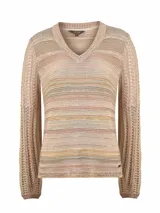 Sweater de punto Glint de la marca RKF, con diseño a rayas horizontales en tonos tostados y rosados, escote en V y mangas largas con textura calada.