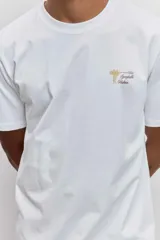 Remera de algodón color marrón chocolate, de corte clásico y cuello redondo, con un pequeño estampado gráfico en el pecho.