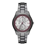 Reloj Armani Exchange modelo Dante con caja de acero gris de 42mm, esfera plateada con detalles en bordó y correa de acero gris.