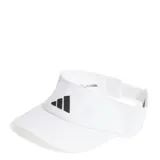 Visera deportiva Adidas color blanco con logo de la marca en negro en la parte frontal. Cuenta con tecnología Climacool para mayor transpirabilidad y ajuste regulable en la parte posterior.