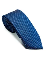 Corbata de seda azul marino con estampado paisley en tonos rosados y blancos.
