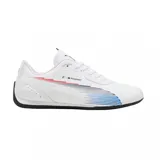 Championes Puma modelo BMW Motorsport Neo Cat 2.0, de diseño aerodinámico en color blanco con detalles gráficos en rojo y azul. Presenta el logo de BMW Motorsport en el lateral y suela de goma negra.