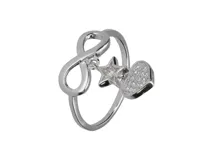 Anillo de plata 925 con diseño del símbolo del infinito y dijes colgantes en forma de estrella y corazón, ambos decorados con circonias.