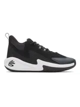 Championes de básquetbol Under Armour Curry 3Z7, color negro con entresuela blanca. Presentan una parte superior que combina cuero y malla transpirable, con refuerzo interno en el mediopié para mayor estabilidad y tecnología Charged Cushioning en la entresuela para una amortiguación reactiva.