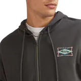Campera canguro de felpa con cierre frontal completo y capucha ajustable con cordón, color plomo, con bolsillos tipo canguro y pequeño estampado gráfico en el pecho.