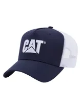 Gorro tipo trucker con frente estructurado en color azul marino y parte trasera de malla blanca. Presenta el logo de la marca bordado en relieve en la parte frontal y visera curva.